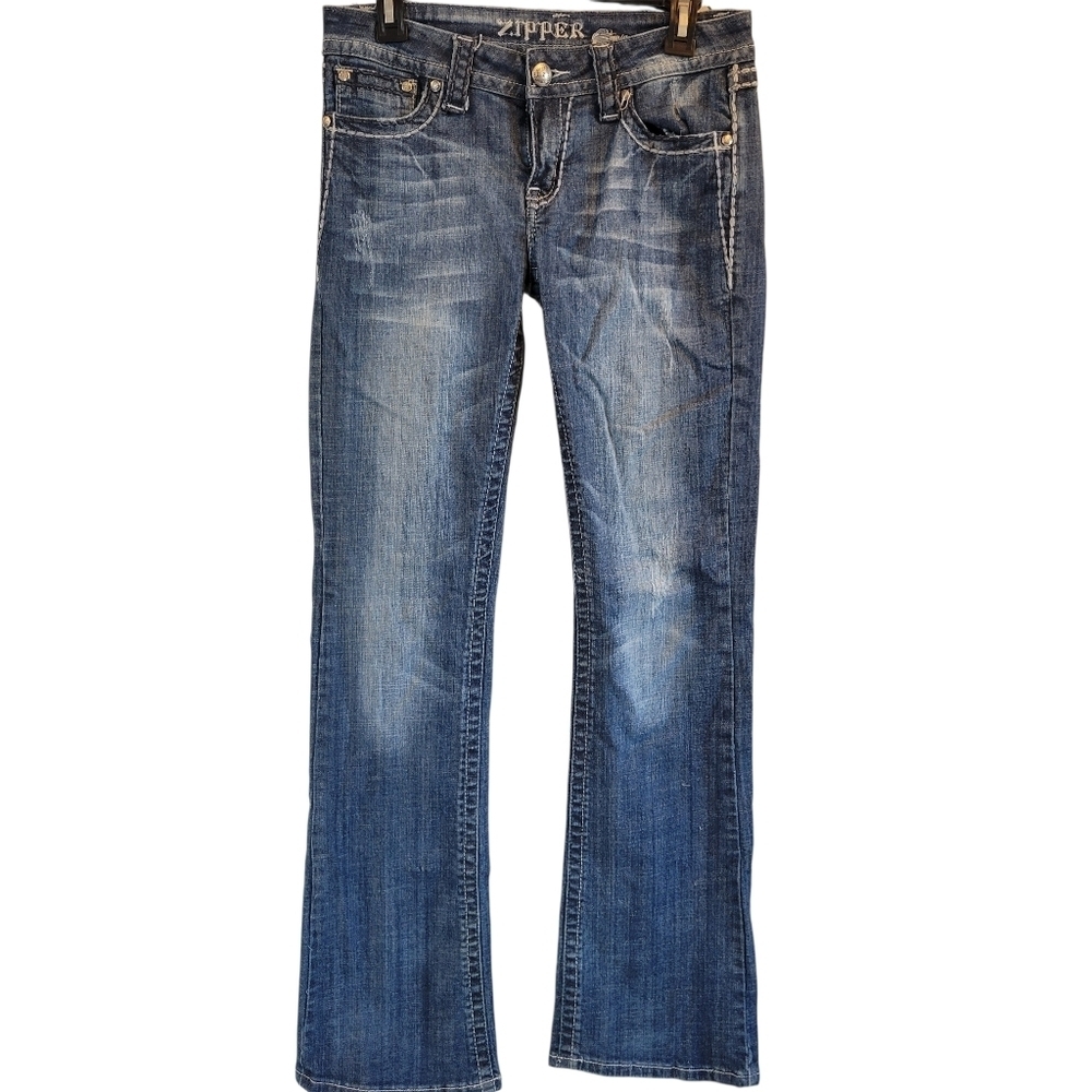 Y2K Zipper Embellished Boot Cut Low Rise Distressed Denim Jeans Pants